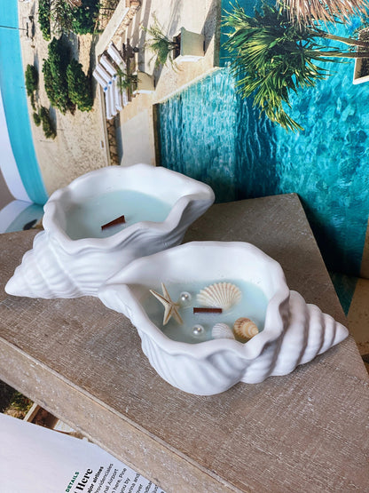 Ocean's Whisper Candle in Jesmonite Shell — Wind-Down Ritual