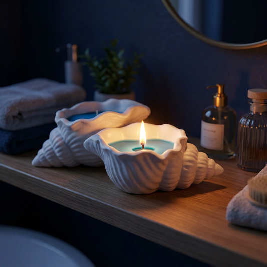 Ocean's Whisper Candle in Jesmonite Shell — Wind-Down Ritual