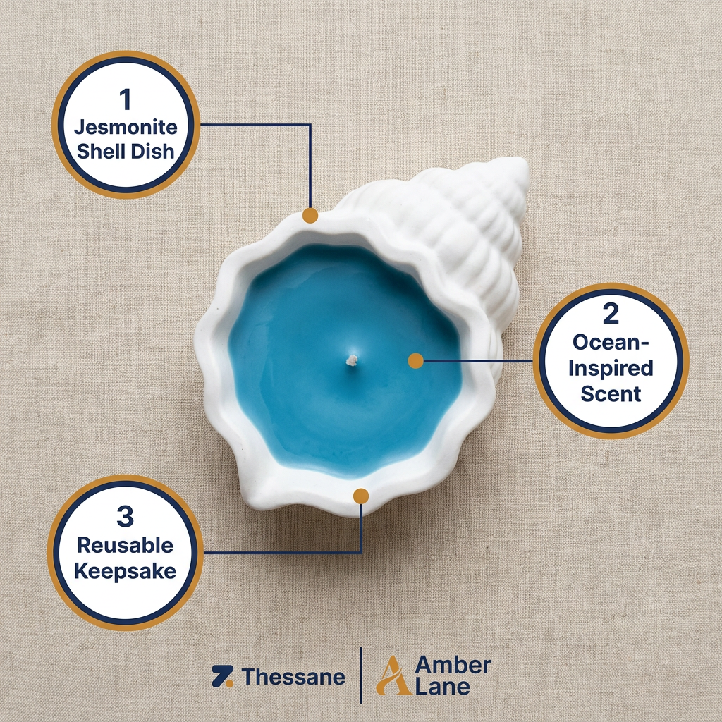 Ocean's Whisper Candle in Jesmonite Shell — Wind-Down Ritual