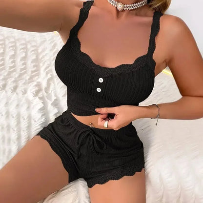 The Lounge Set — Ribbed Lace-Trim Pajama Set