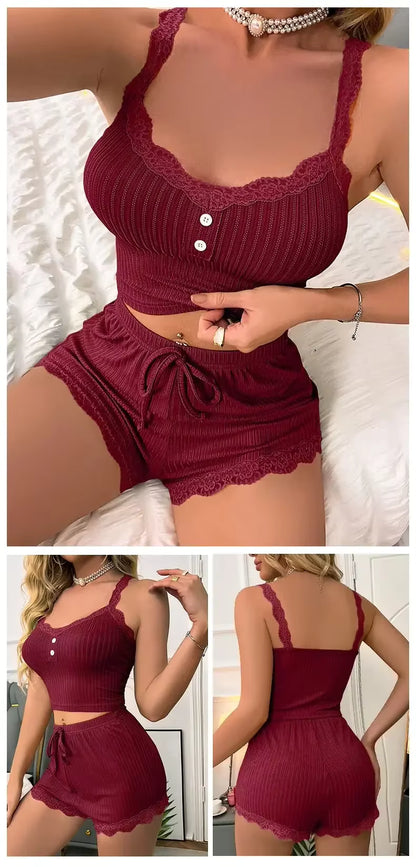 The Lounge Set — Ribbed Lace-Trim Pajama Set