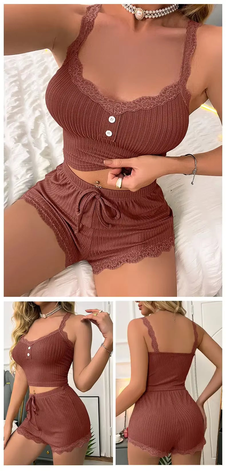The Lounge Set — Ribbed Lace-Trim Pajama Set