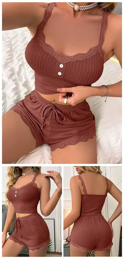 The Lounge Set — Ribbed Lace-Trim Pajama Set