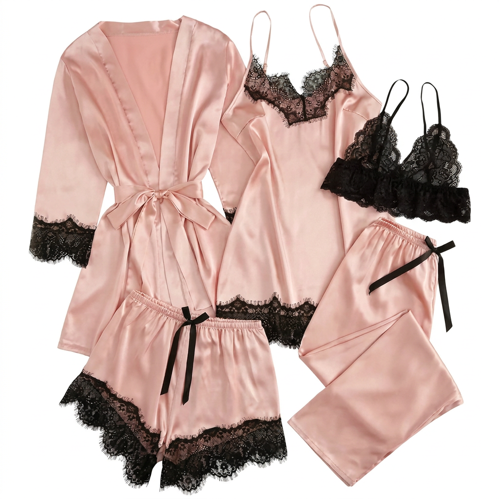 The Boudoir Set — Satin Robe & Lace Pajama Set